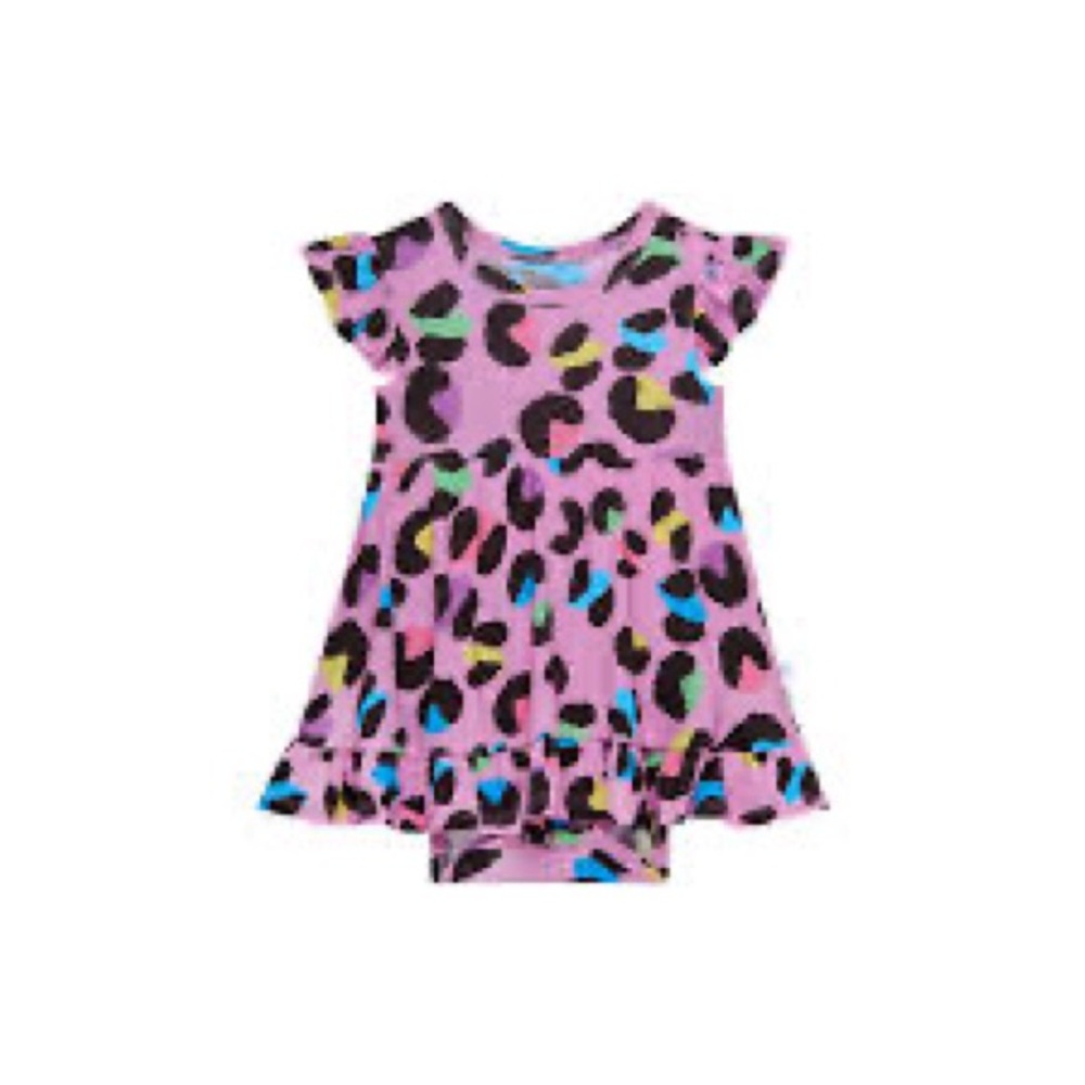 NWT Posh Peanut Electric Leopard Ruffle Bodysuit Dress 6-12M Purple - Picture 2 of 8